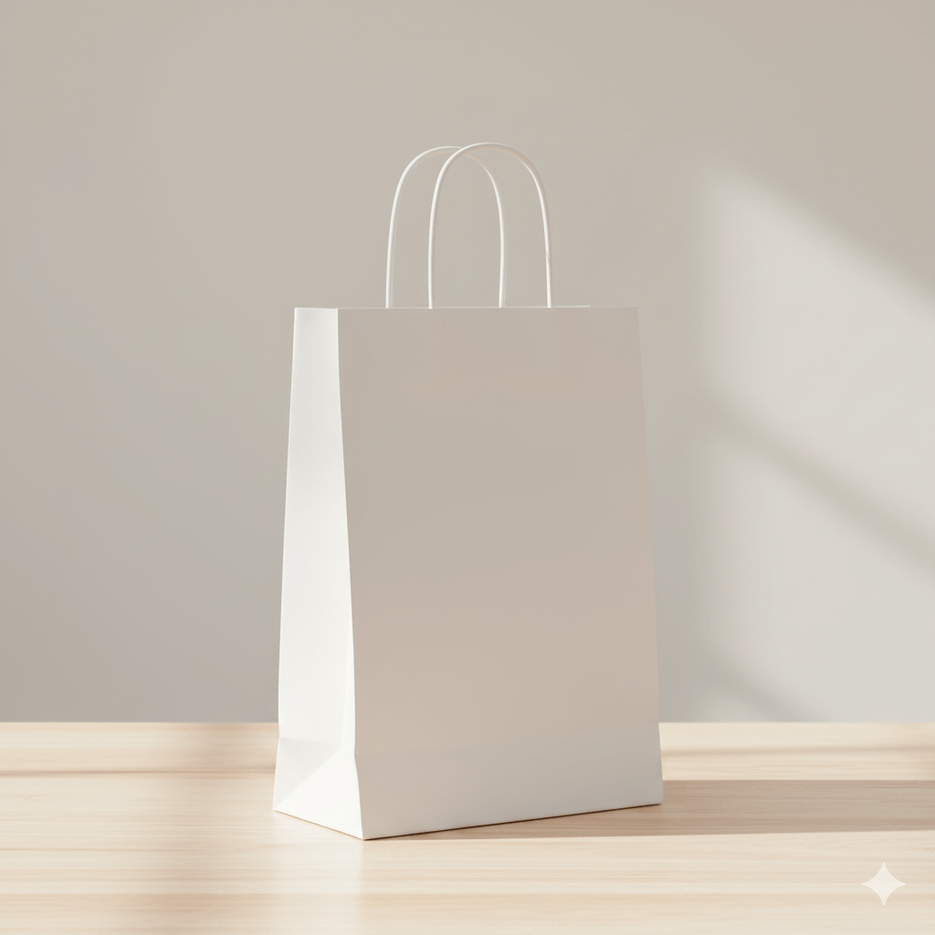 Sac kraft blanc sur table en bois.