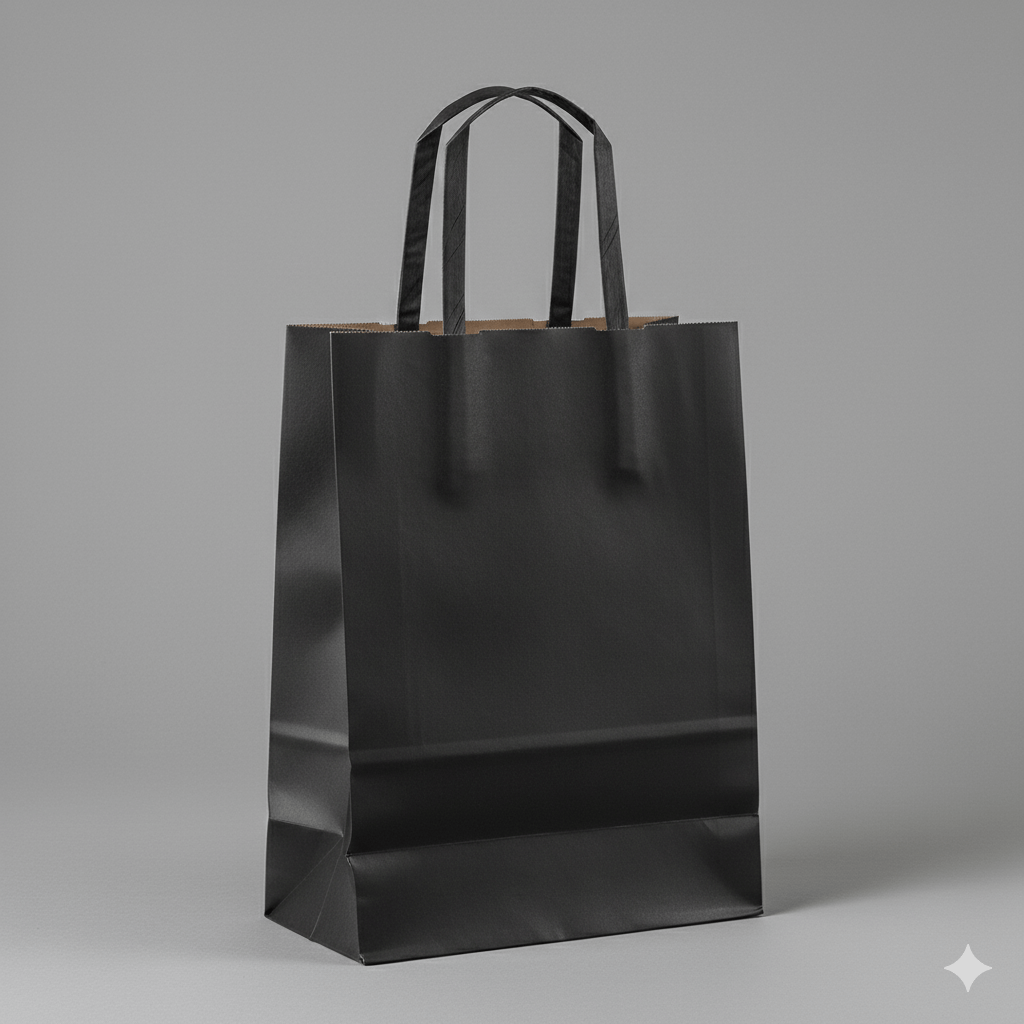 Sac kraft noir premium sur fond gris.